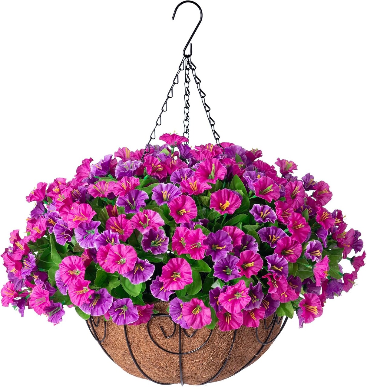Artificial Hanging Flower Basket – Faux Silk Petunias & Morning Glories with Coconut Lining (Lotus & Fuchsia)